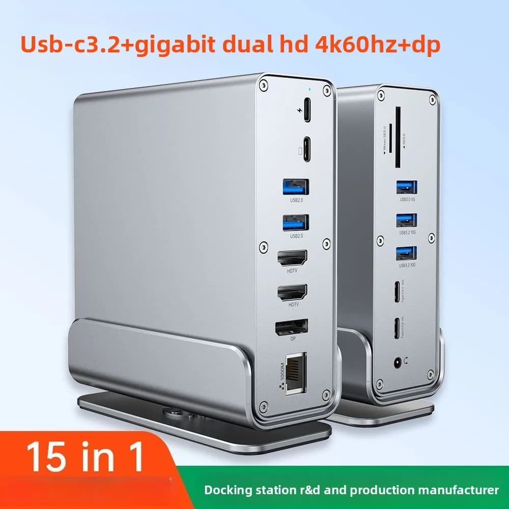 Docking Station Type-C 3.2 con Doppia Porta DP ad Alta Definizione, Porta di Rete Gigabit, Espansione Desktop Verticale 15 in 1