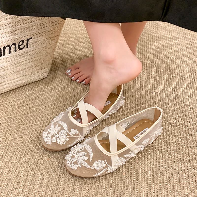 Scarpe Mary Jane da donna in rete con ricamo floreale autunnale, con fascia elastica, suola morbida, traspiranti, eleganti, tipo ballerine.