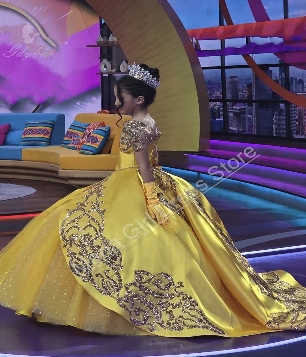 Abito da festa di compleanno per ragazze giallo di lusso, soffice abito da damigella d'onore per prima comunione in pizzo dorato per bambini