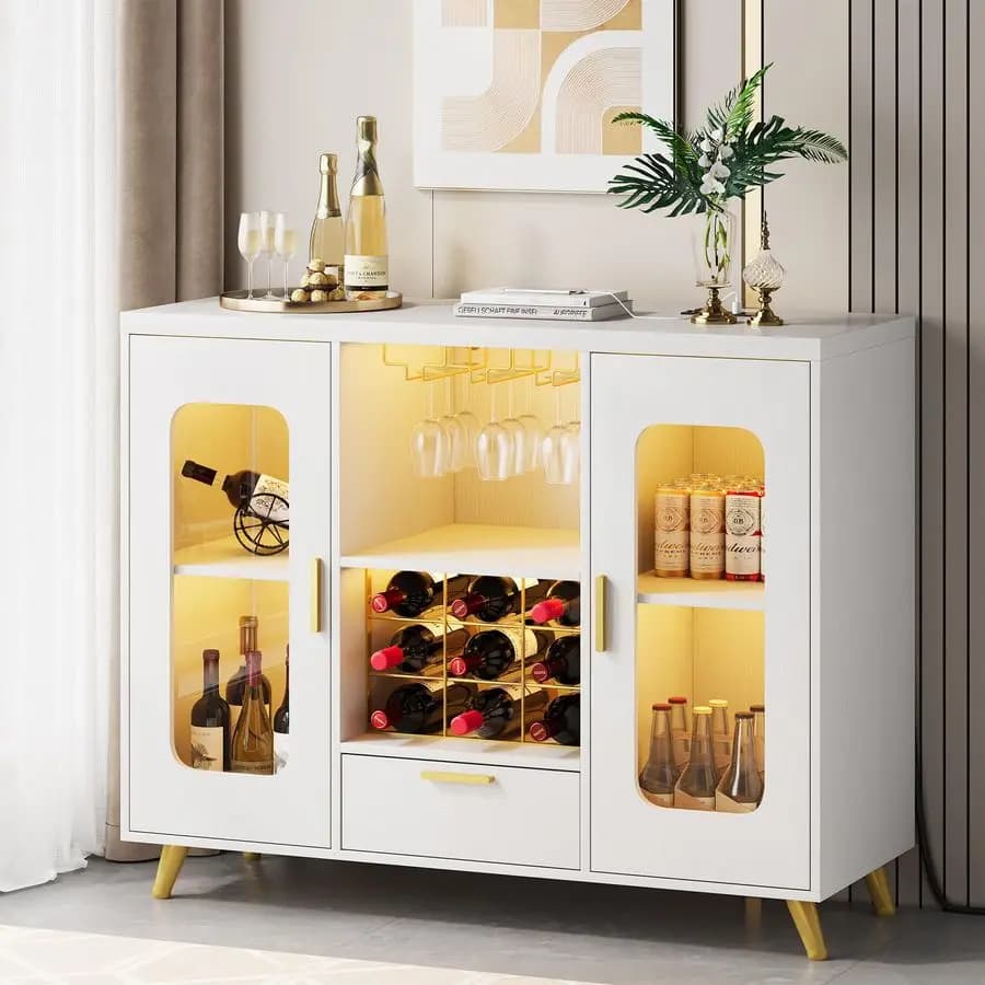 Mobile Bar con Prese Elettriche, Credenza Moderna per Caffetteria con Luce LED, Mobile Liquoreria Stile Rustico con Portabottiglie e Portabicchieri