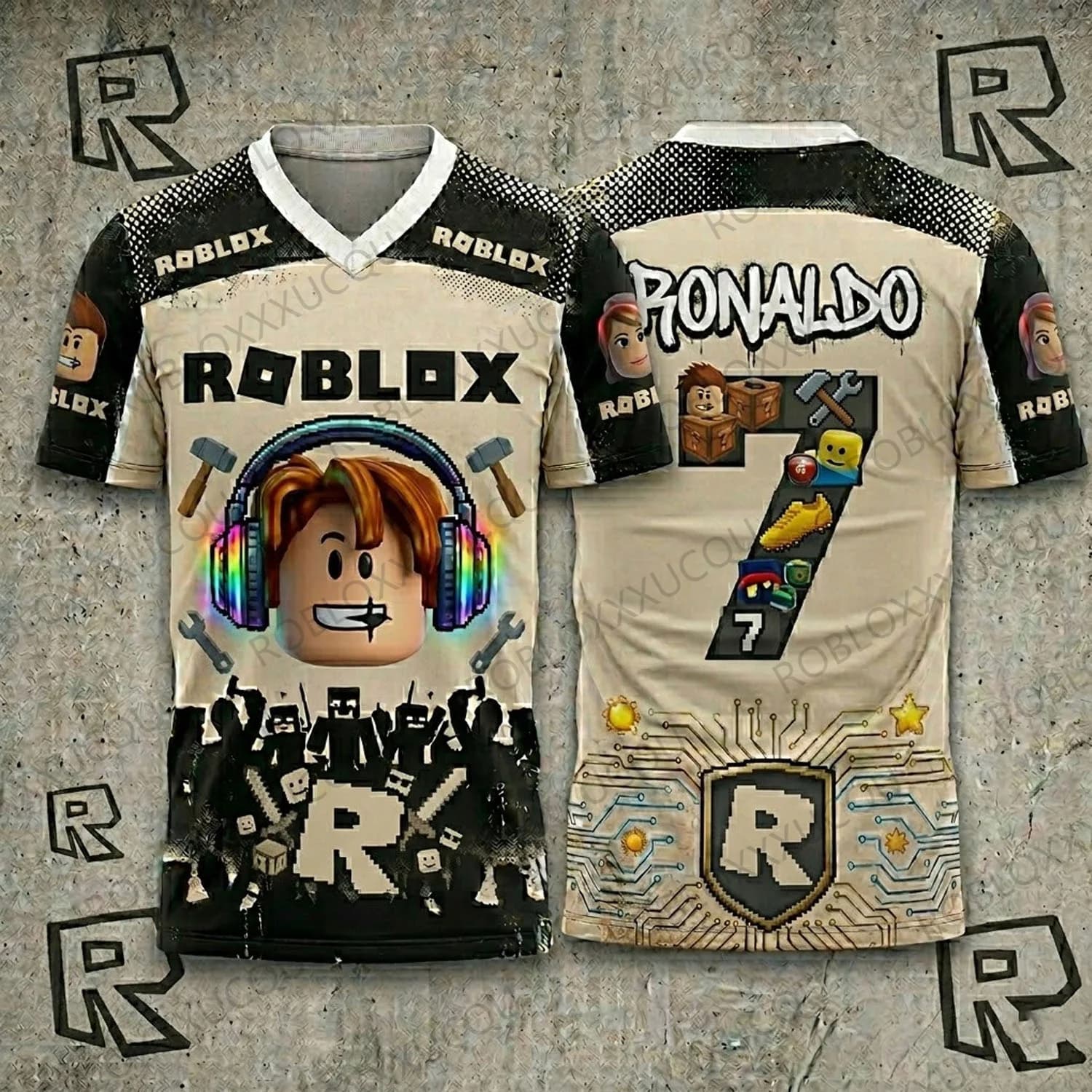 Roblox Ronaldo 7 sweater with V-neck, 3D graphics t-shirt, short sleeve summer football sportswear for boys and men