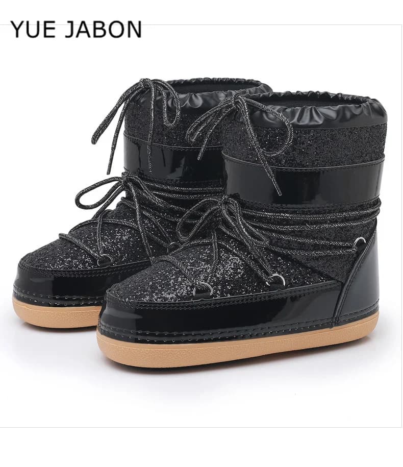 Stivaletti invernali con lacci glitterati neri argento Stivali da neve da donna Stivali in cotone antiscivolo impermeabili con piattaforma dorata Stivali da sci da donna