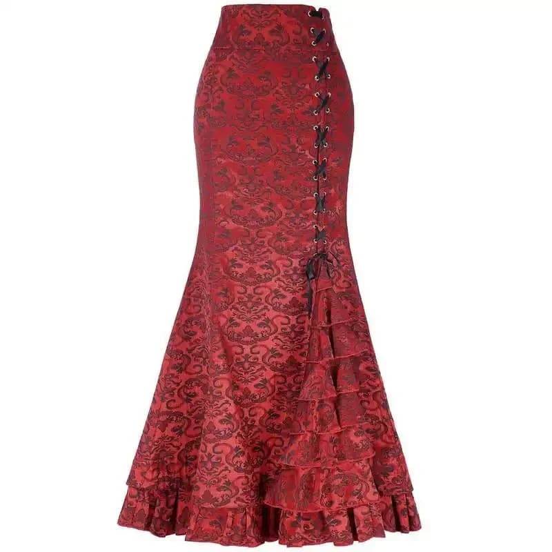 Gothic Medieval Vintage Fishtail Skirt High Waist Slim Floral Print Long Bodycon Steampunk Ruffe Bandage Mermaid Skirt Women