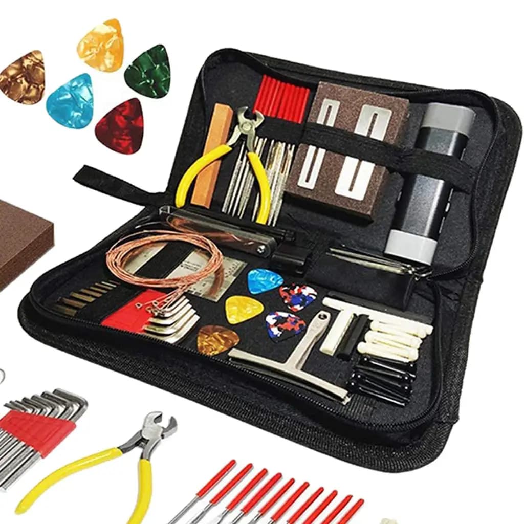 Kit di Riparazione e Manutenzione per Chitarra Multiuso, Set di 72 Accessori con Plettri, Righello e Chiave per Chitarre Acustiche ed Elettriche