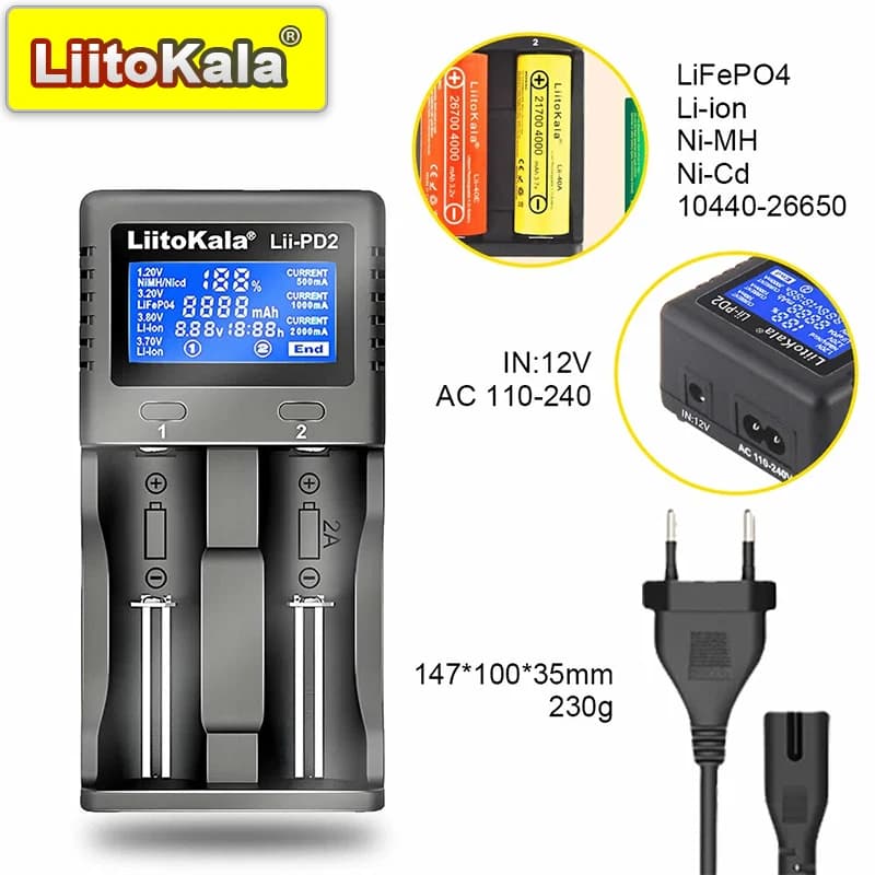 LiitoKala Li-PD2+ Caricabatteria da auto per batteria al litio 18650 26650 21700 Caricabatteria universale per veicoli
