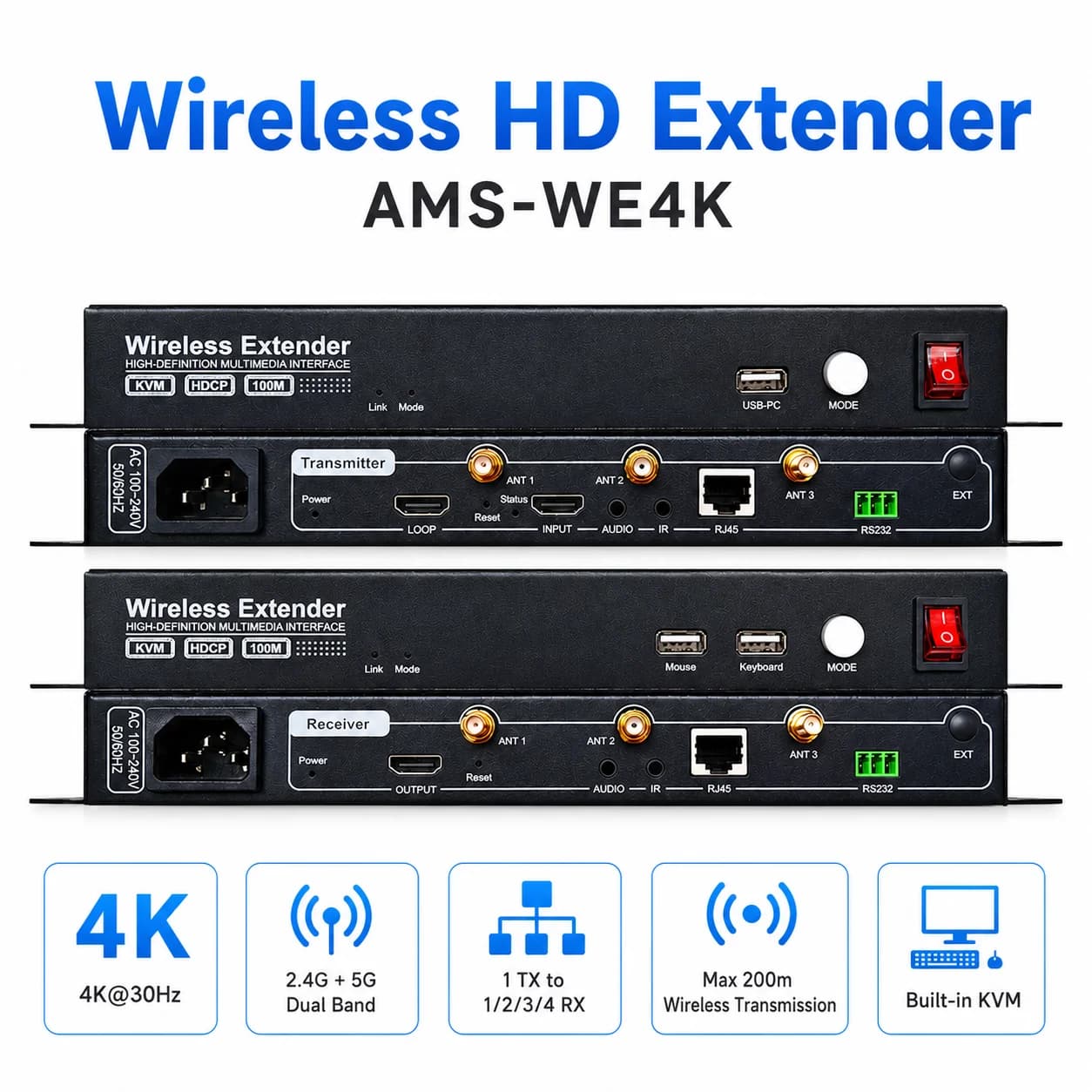 AMS-WE4K Extender Wireless 1 Coppia TX RX 200M Ripetitore Wi-Fi 4K 30HZ con KVM USB per Espansione Copertura Wi-Fi Casa Ufficio