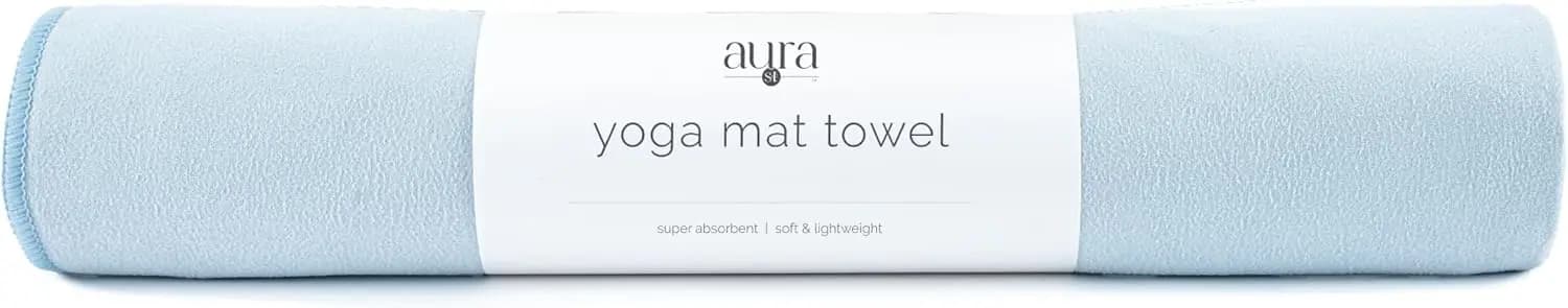 Fast drying yoga mat towel, soft and absorbent for gym, pilates, hot yoga, in blue microfiber, 26,5x72 inches