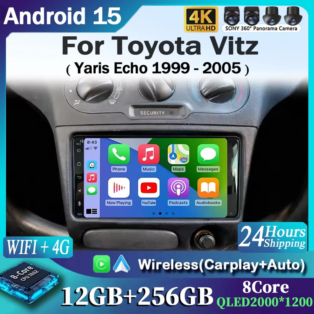 Autoradio Android 15 per Toyota Vitz Yaris Echo 1999-2005 con Carplay, Lettore Multimediale Video, Navigazione GPS, Senza DVD 2Din
