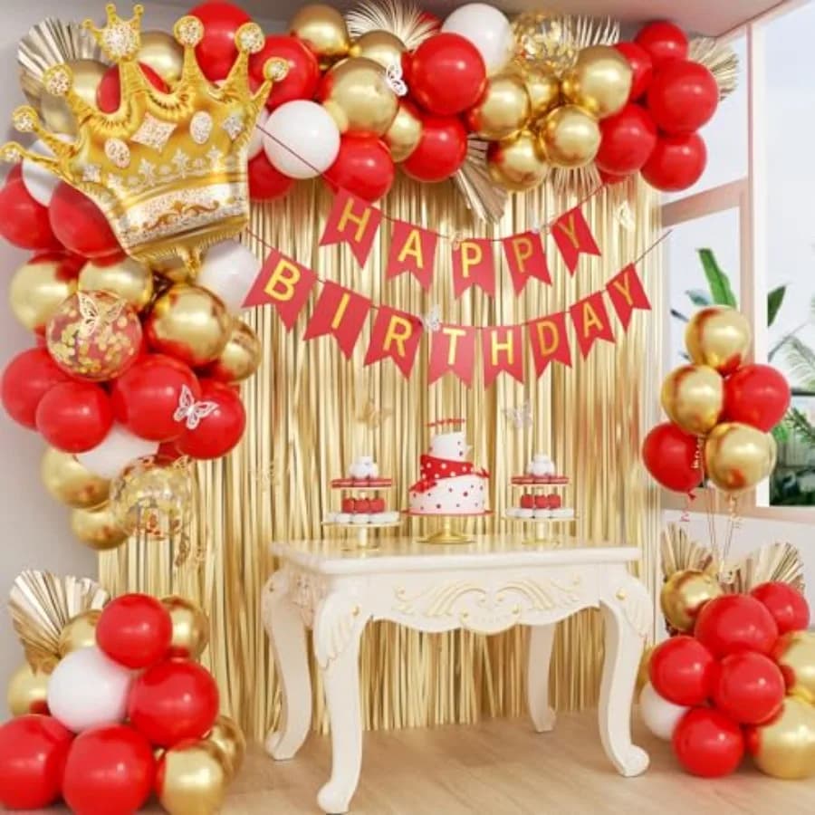Decorazioni di compleanno rosse e dorate per donne con palloncini in oro bianco rosso Banner di buon compleanno Tenda con frange dorate metallizzate per