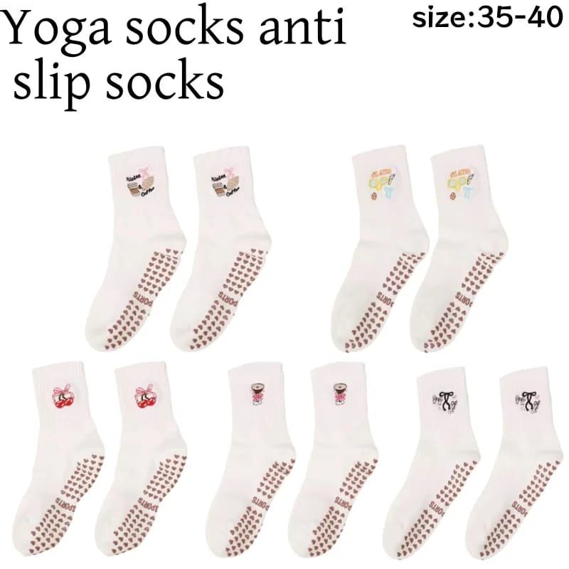 Yoga Socks 35-40 Women Cotton Cherry Embroidered Lettuce-Edge Dot Silicone Non-slip Grip Pilates Crew Socks
