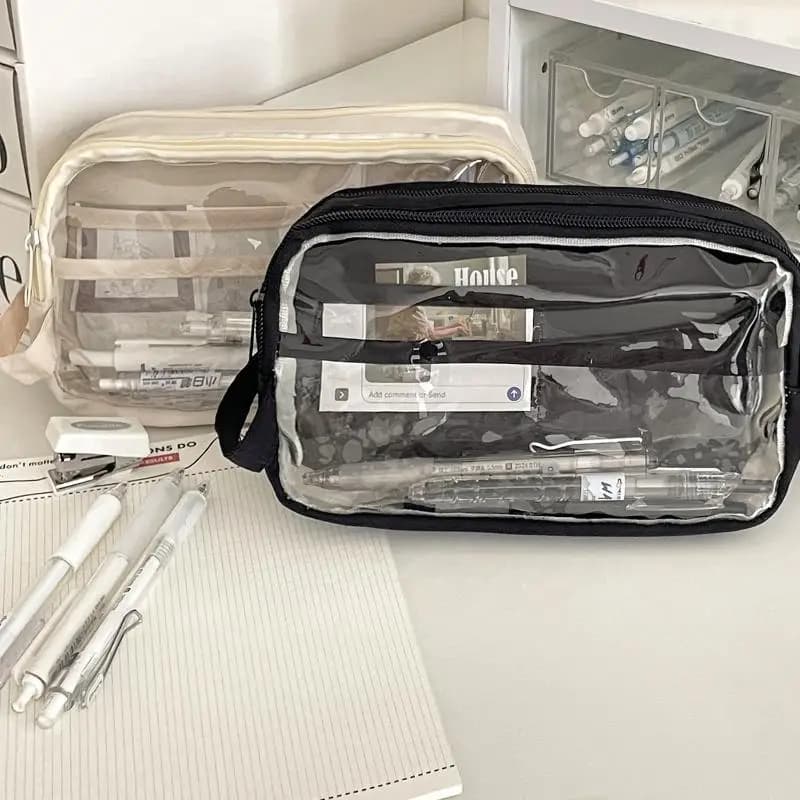 Transparent Visible Pencil Case Large Capacity Double Layer Splash Proof Pen Pouch School Exam Stationery Bag