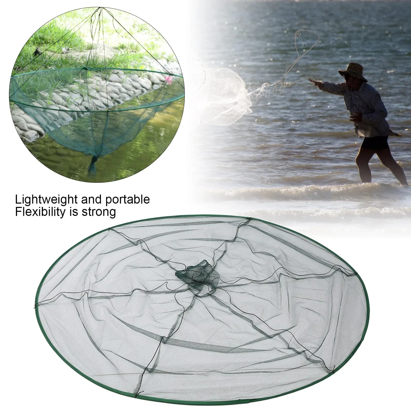 Rete da Pesca Circolare Pieghevole 150cm, Rete in Nylon ad Alta Resistenza, Gabbia Galleggiante per Gamberetti, Rete da Lancio Circolare