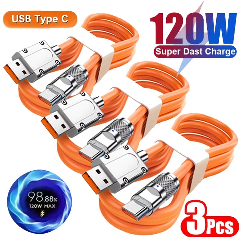 3PCS 120W Super Fast Charge Type-C Liquid Silicone Cable Fast Charge USB C Lines For Xiaomi Huawei Samsung USB Phone Data Cable