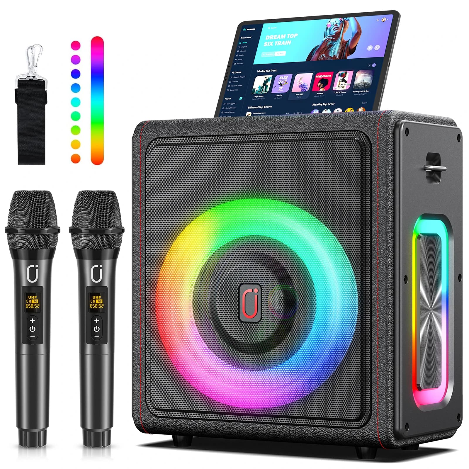 Altoparlante Bluetooth portatile per macchina karaoke con microfoni, sistema PA con 2 microfoni karaoke, luci da discoteca per feste in casa
