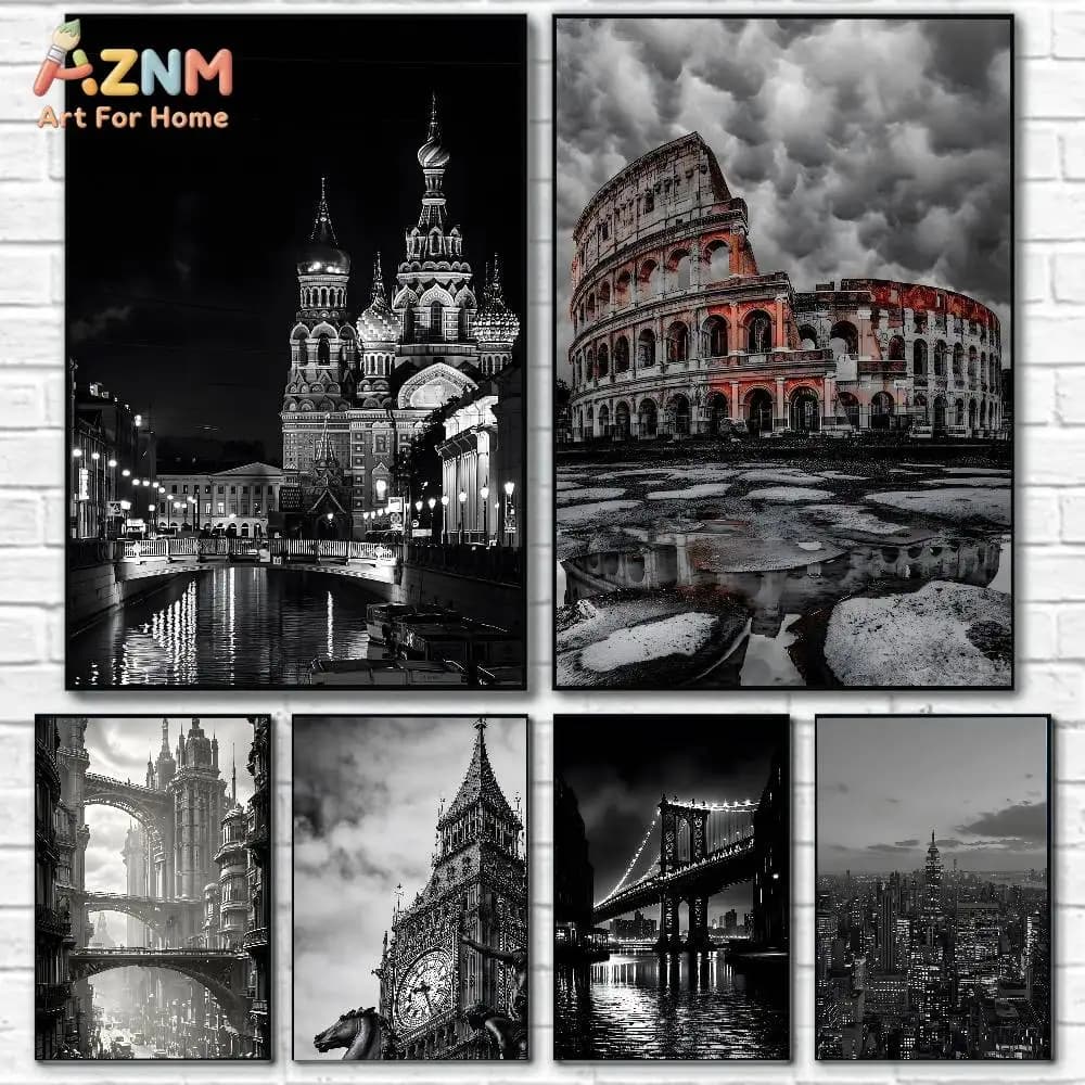 AZNM Black White World Famous Landmark Canvas Wall Art Print, Rome Colosseum London Clock Tower City Architecture Vintage Travel