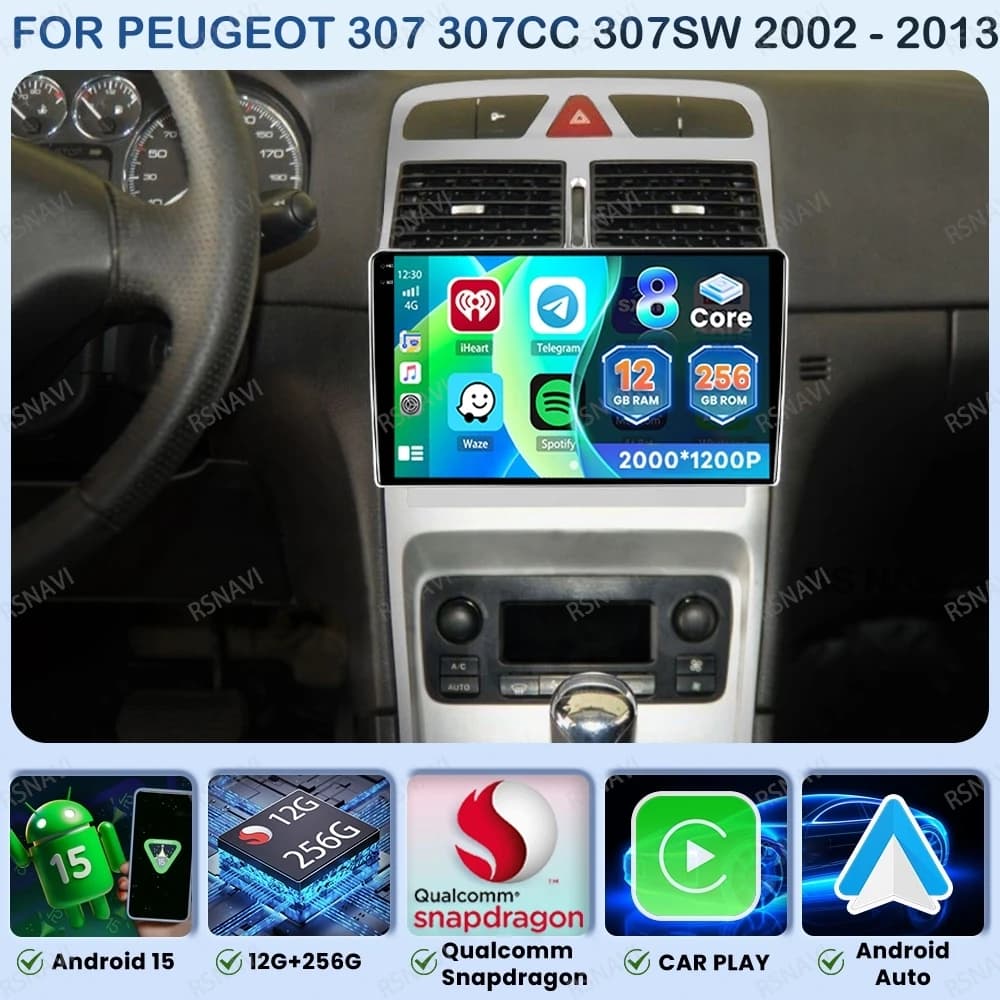 Android 15 Car Radio For Peugeot 307 307CC 307SW 2002 - 2013 4G LTE Stereo QLED Navigation Qualcomm 5G WIFI DSP GPS BT Autoradio