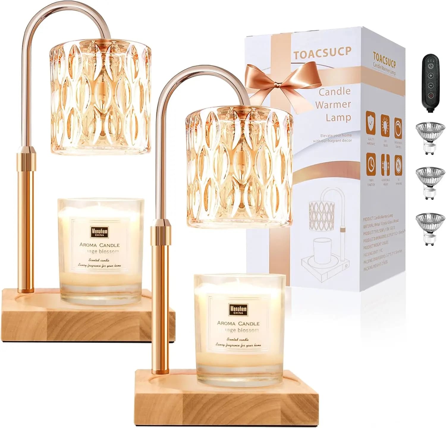 Candle Warmer Lamp with 3 Bulbs, Adjustable Height & Timer, Compatible with Large Jar Candles, Gift Box (2 Pack)