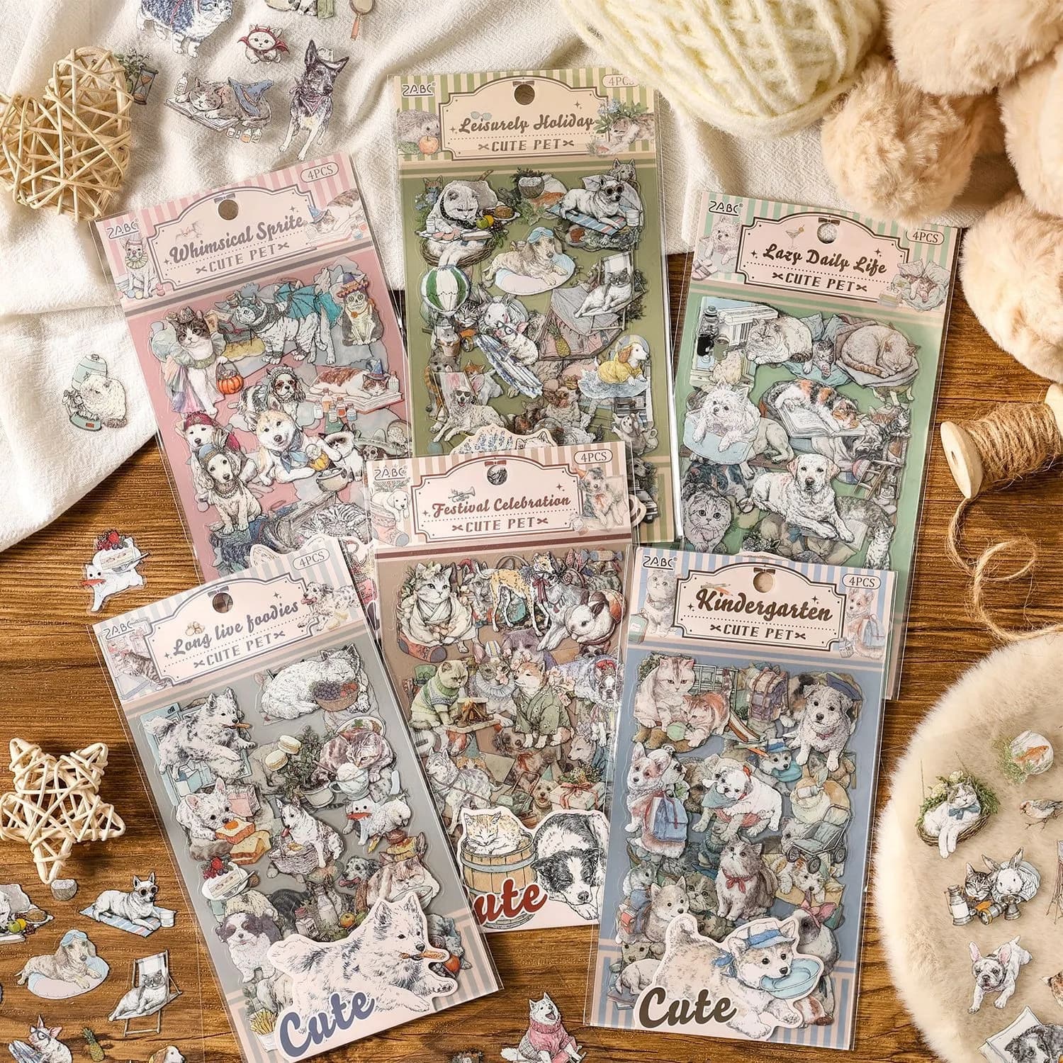 Adorable Pet Sticker Set for Children's Journals, Waterproof PET Decals, Cross-Border Scrapbooking Supplies