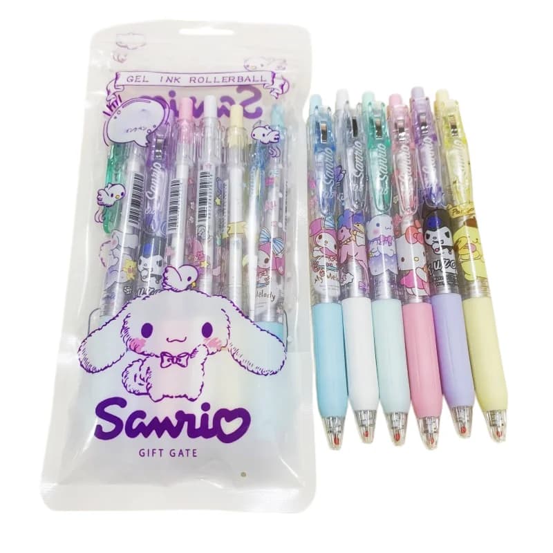 Set di penne a inchiostro gel retrattili Sanrio, 6 penne rollerball con inchiostro nero, carine e kawaii, con corpo trasparente, perfette come regalo.