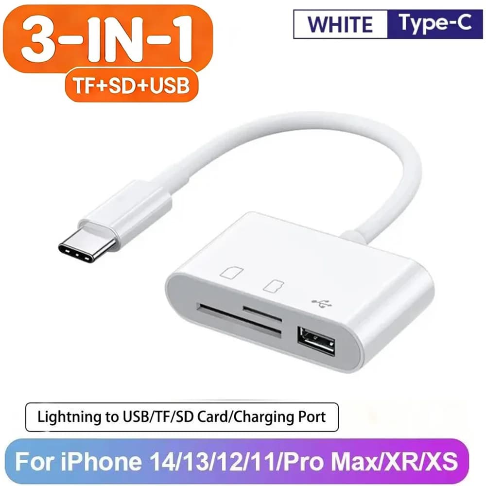 3‑in‑1 Type-C SD TF Card Reader Lightning Type-C USB-A Adapter Plug & Play For iPhone 15 14 iPad Android Phone PC Camera UDisk F