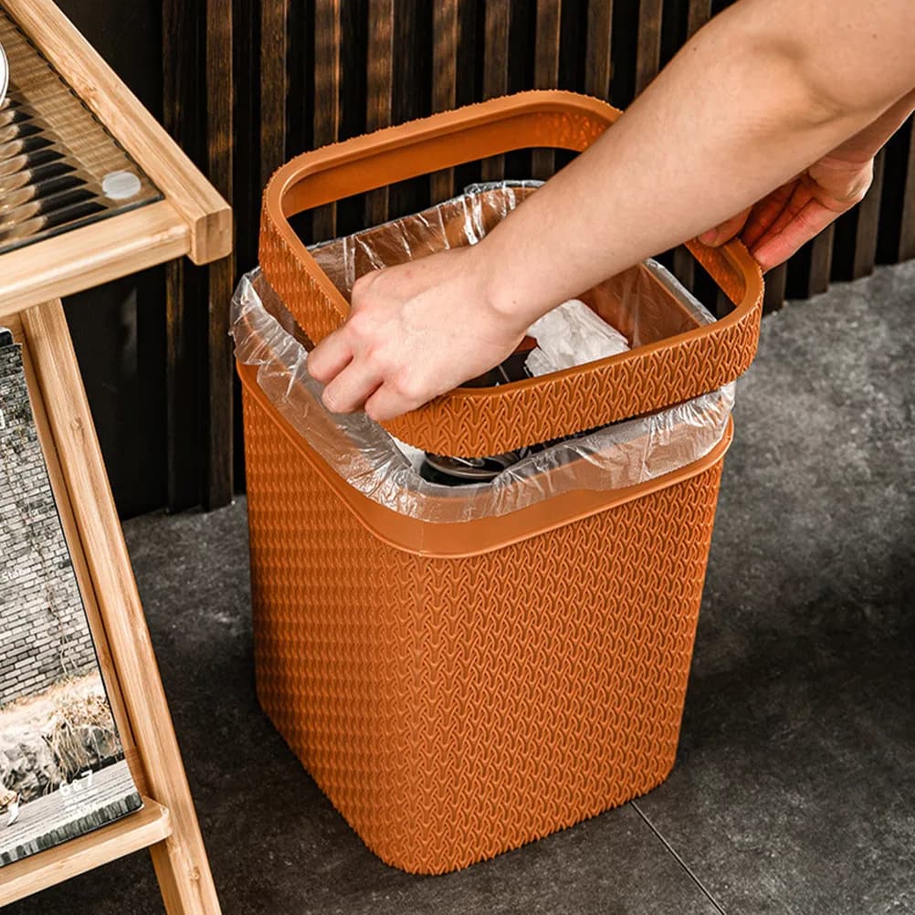 Imitation Rattan Woven Trash Can Lidless Rustic Decorative Bin Pressure Ring Garbage Holder for Home Office Kitchen