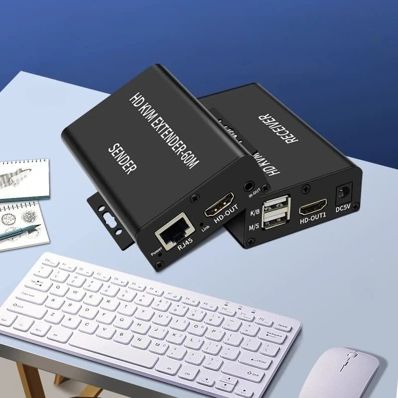 Extender KVM HD 60M su Cavo Ethernet Cat6, Trasmettitore e Ricevitore Audio Video, Supporto USB per Tastiera e Mouse, Un Unico Adattatore di Alimentazione