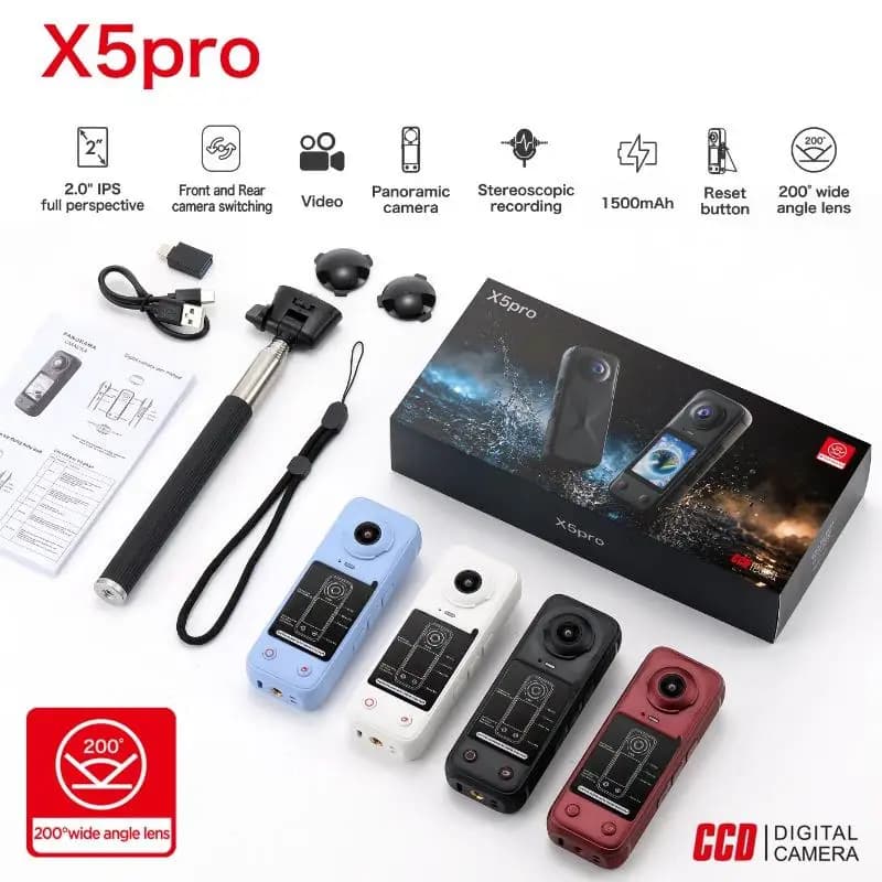 Mini 4K UHD Panoramic Sports Camera X5Pro Front Rear Dual Lens 200° Wide Angle Vlog Recorder Webcam 1500mAh Battery