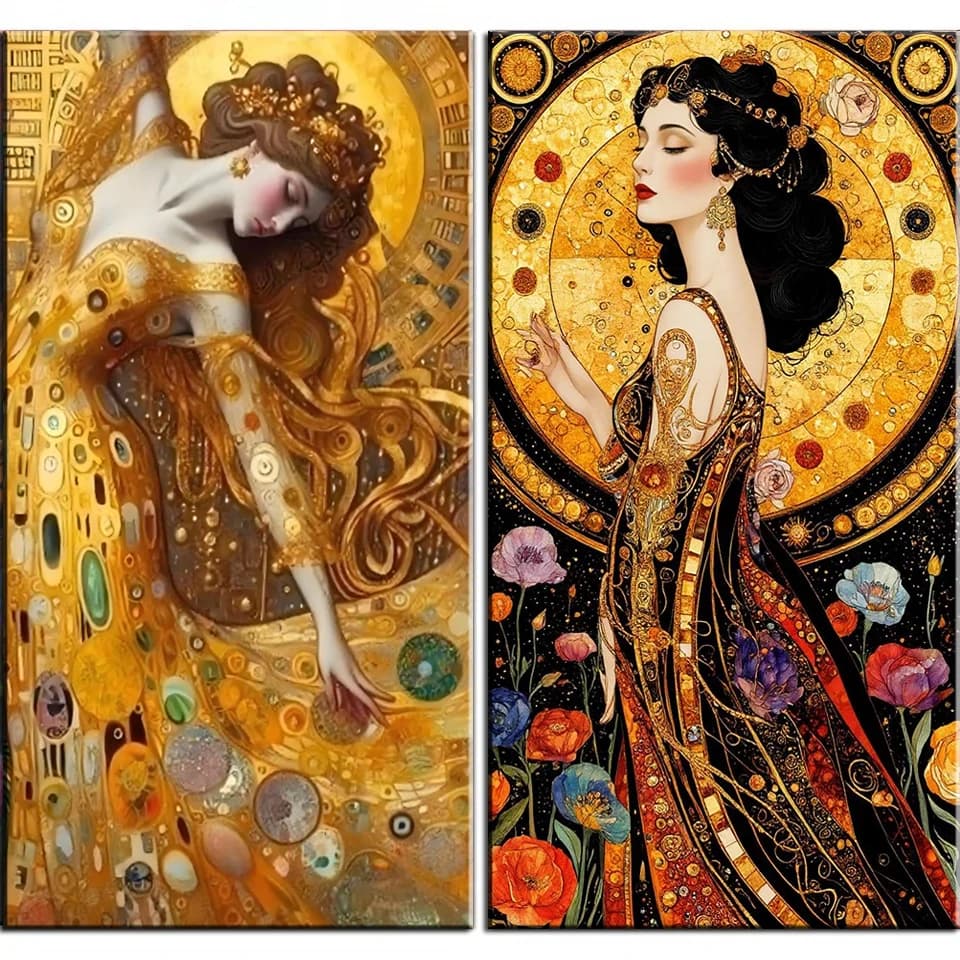 Vibrant Golden Klimt Gaze Woman 5D DIY Diamond Art Painting Kit Full Square Round Mosaic Craft Kit with Portrait Home Decor