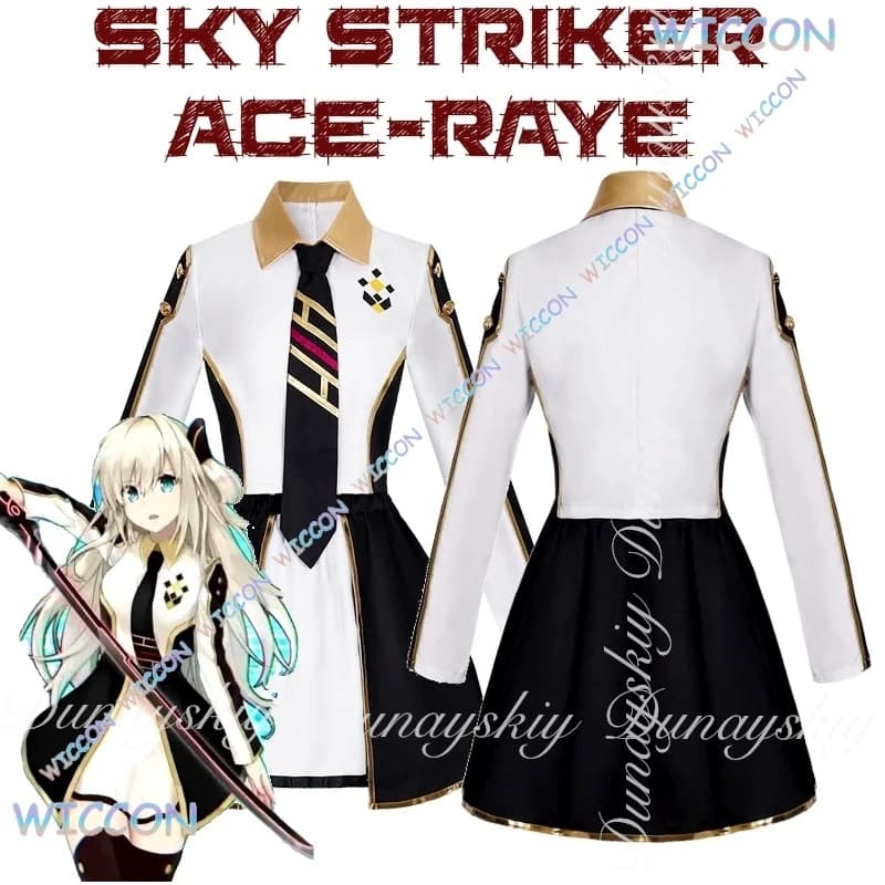 Gioco di carte Sky Striker Ace-Raye Cosplay con oggetti di scena a coltello lungo La parrucca in platino Costume cosplay abito bianco nero