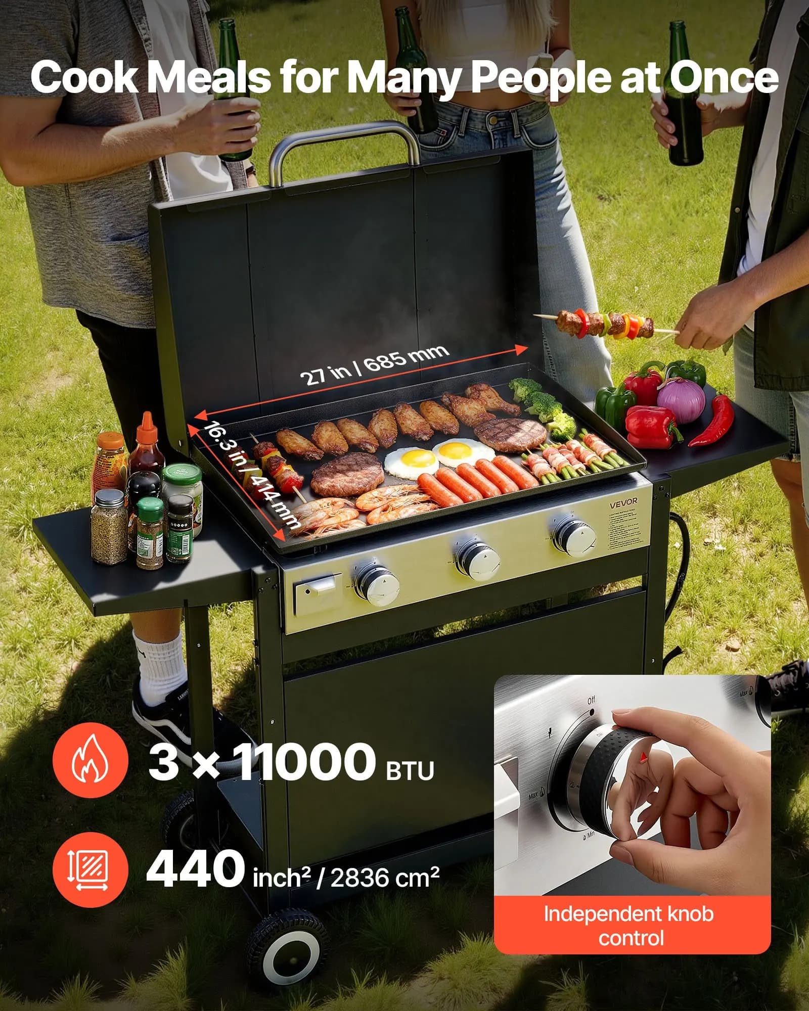 Piastra a gas, griglia a 3 bruciatori, piastra a propano con ruote, coperchio, 3 griglie piatte da esterno da 11000 BTU per friggere.