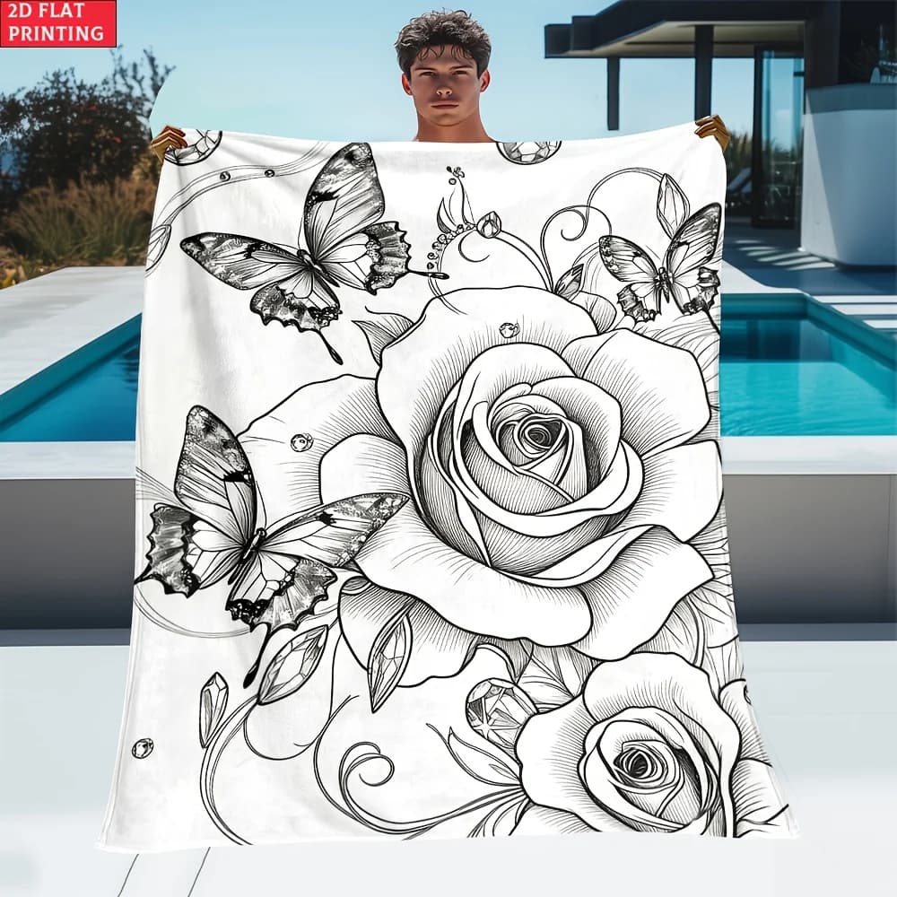Portable Rose Butterfly Coloring Flannel Blanket, Lightweight Soft Warm for Travel Camping Home, 2D Flat Cozy Throw for Sofa Bed
