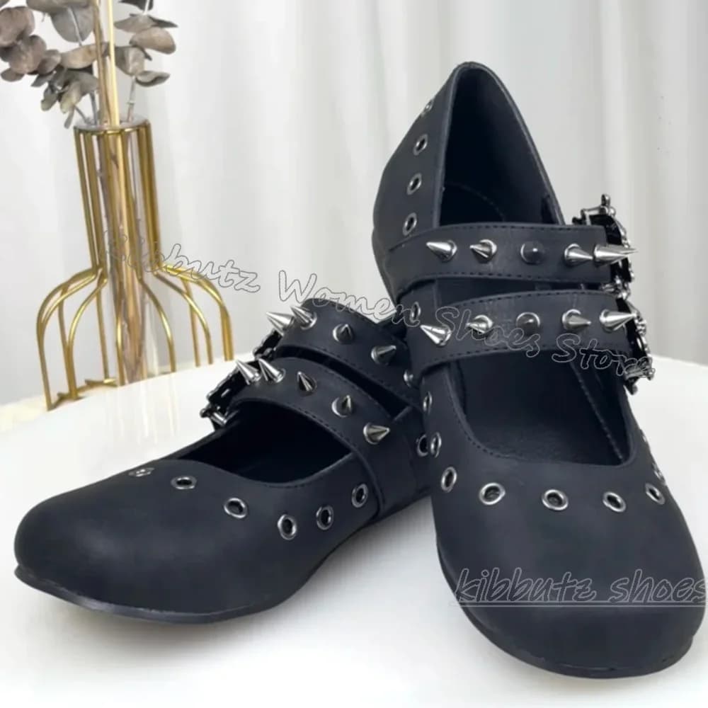 Gothic Ballet Pumps Punk Rock Belt Buckle Rivets Solid Color Slip-On Fashion Novelty Luxury Sexy Shoes Square Toe Flat with New