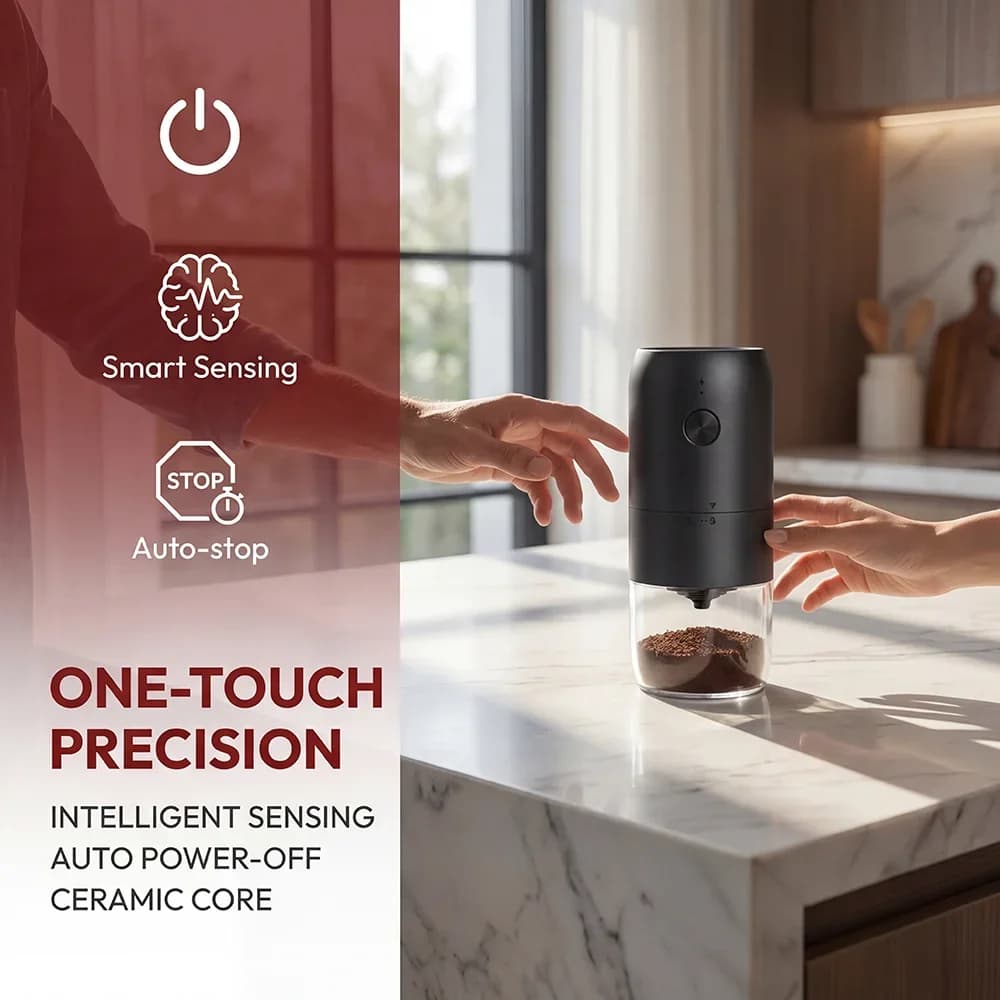 Macinacaffè Elettrico Senza Fili 2A, Contenitore per Chicchi da 25g, Macine in Ceramica e Sensore di Resistenza, Arresto Automatico con Un Tocco, Ricaricabile USB-C