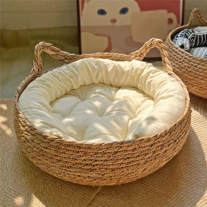 【RELAXAZIONE】Accogliente letto per cani e gatti Tiragraffi per gatti estivi Rattan Lavabile Lettiera per gattini Forniture per gatti Cuscino rimovibile intrecciato 46 cm