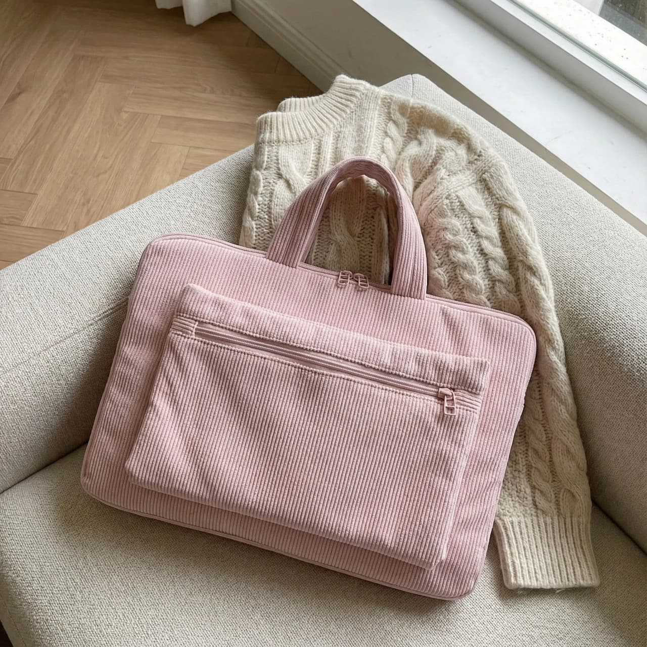 Borsa per laptop in velluto a coste rosa Tasca con cerniera a doppio strato Custodia per laptop casual per pendolari in ufficio 2026 Nuova borsa alla moda per le donne