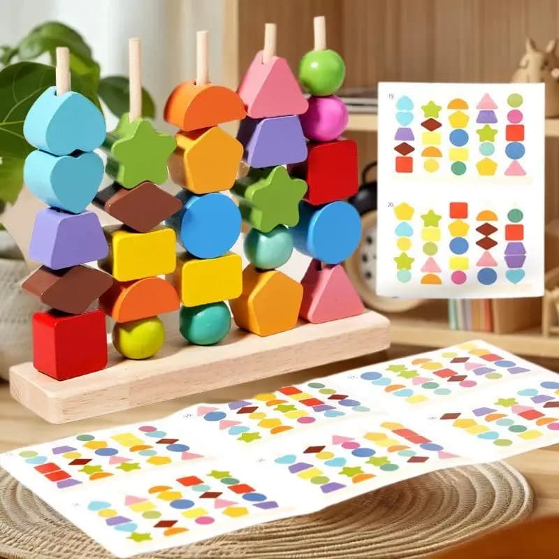 Giocattoli Montessori per l'apprendimento precoce; Blocchi impilabili in legno, perline allacciate e impilatrici per forme; Incredibili idee regalo per la sequenza
