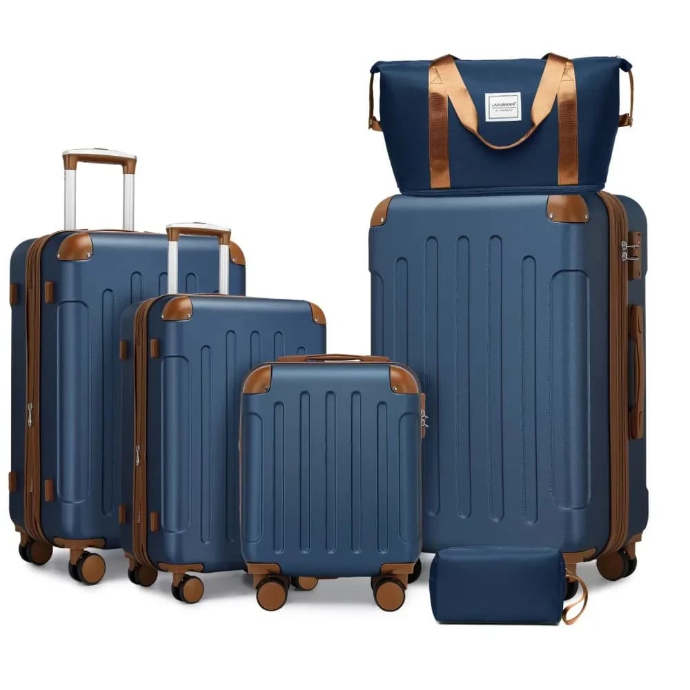 Set di 6 Valigie Rigide con Borsa da Viaggio, Valigia Espandibile con Ruote Girevoli, Serratura TSA, Leggera, Blu Navy