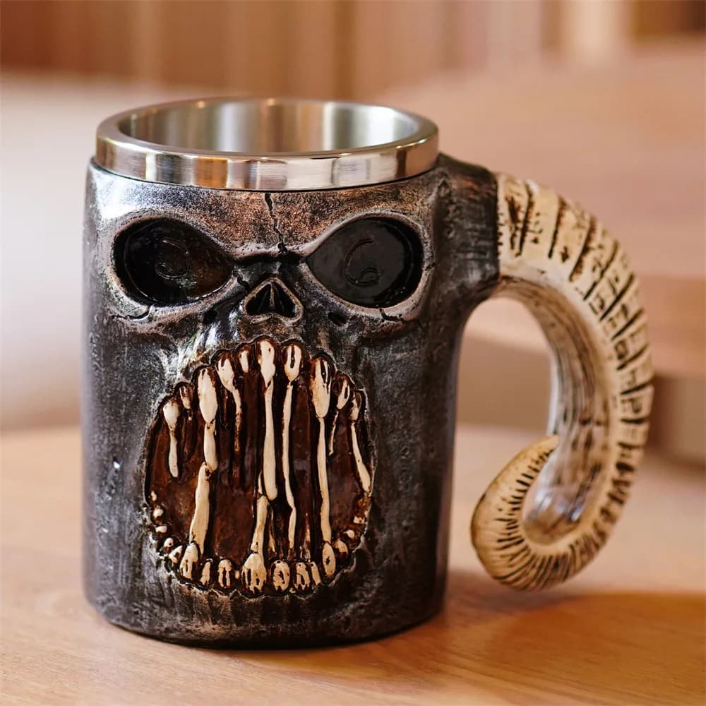 Bicchiere da Birra a Forma di Teschio con Corna di Montone Realistiche, Tazza da Bere Creativa, Decorazione per Bar, Regalo Scherzo di Halloween, Boccale da Birra