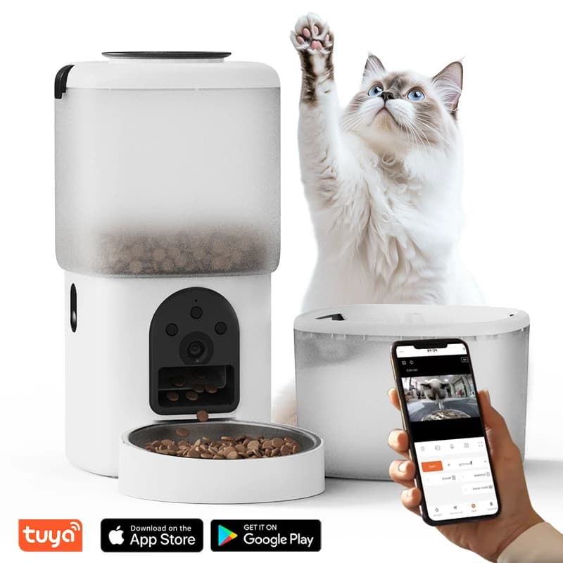 STLFTuya Wifi Video 2 in 1 Fontana per acqua potabile per animali domestici e ciotola per alimenti Dispenser automatico intelligente per mangiatoia per alimenti per animali domestici per cani e gatti con vimini
