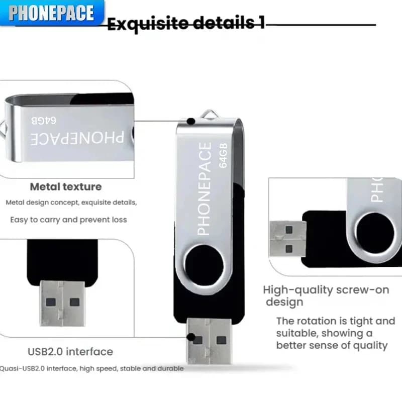PHONEPACE Chiavetta USB ruotabile Interfaccia USB 2.0 ad alta velocità Materiale in lega di alluminio Durevole Lunga durata Ampia compatibilità