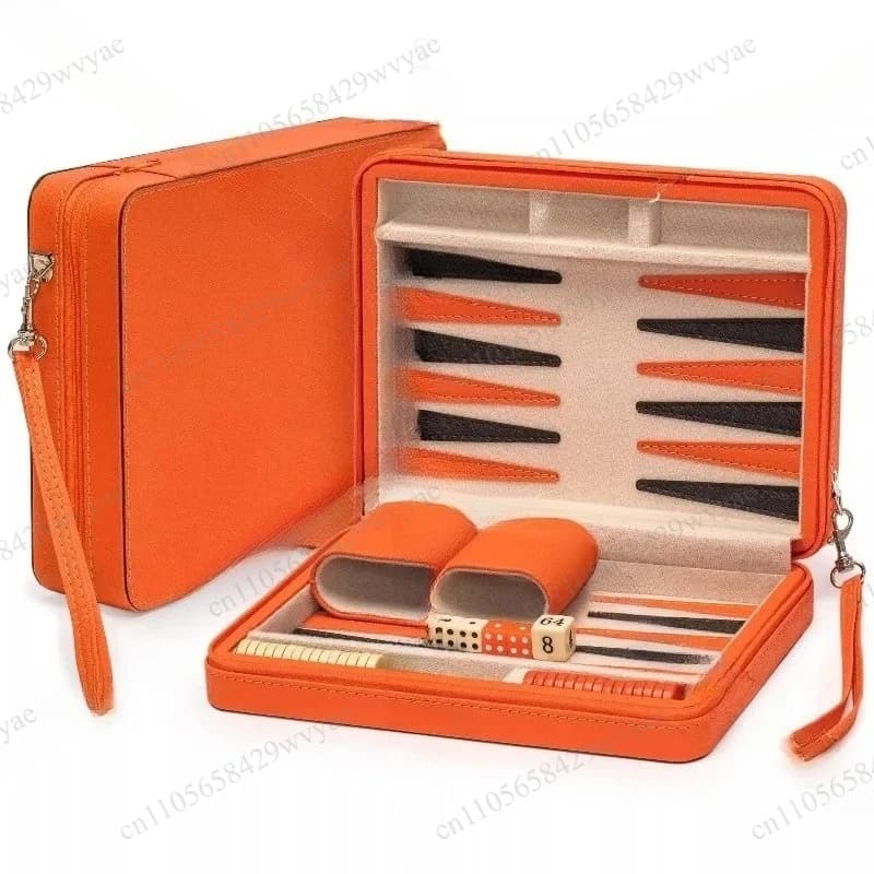 Mini Travel Game Set, Leather Case Chess Acrylic Backgammon