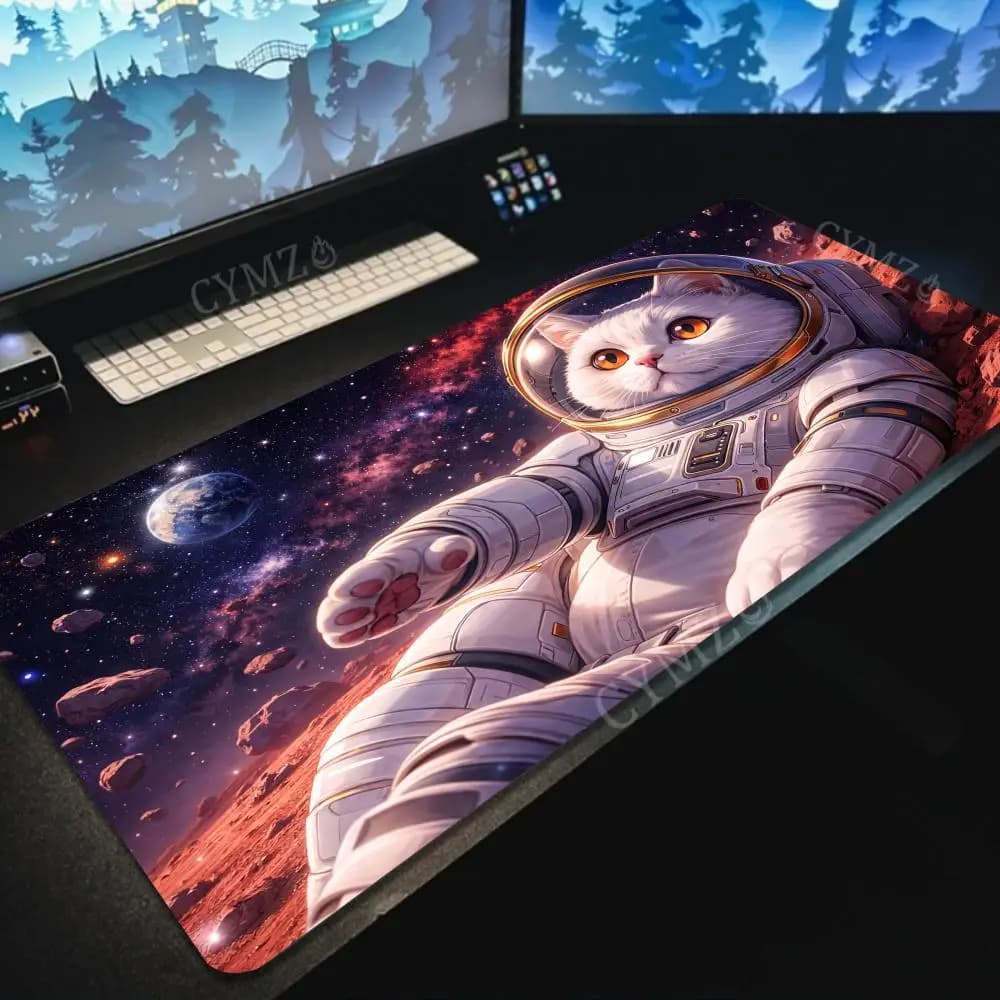 Fantasy White Cat Astronaut Gaming Mouse Pad Tappetino da scrivania resistente antiscivolo Tappetini da gioco Accessori per PC Tappetini per mouse Tappeto da ufficio