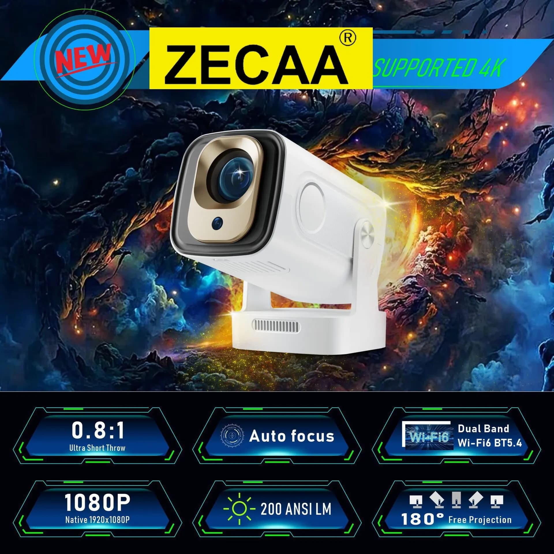 ZECAA 180 Proiezione gratuita 1080P 4K Dual Band WiFi 6 Android 11 Proiettore portatile Bluetooth 5.4 Smart Home Video Proiettore intelligente