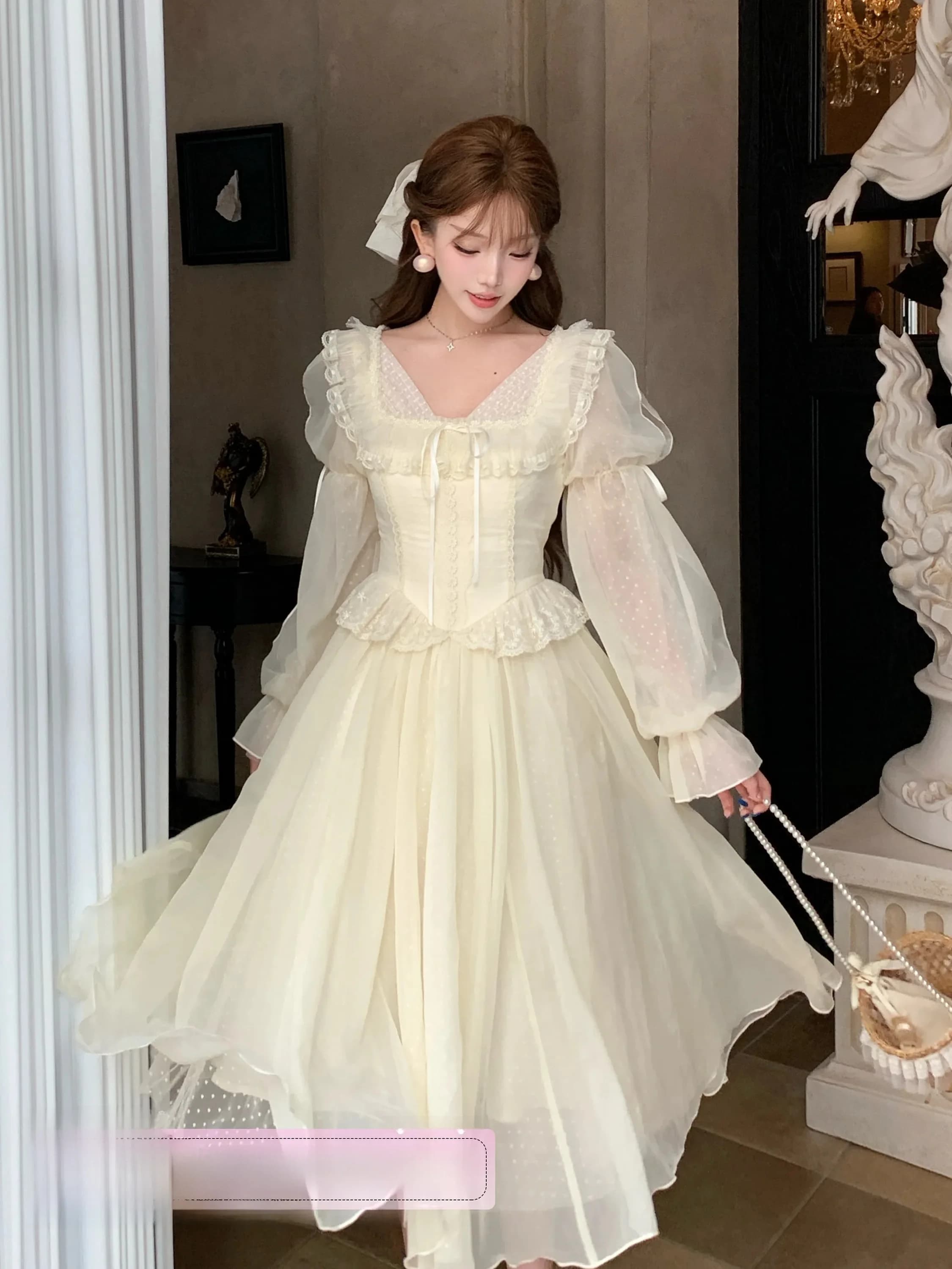 Abito a trapezio in pizzo a maniche lunghe Pure Desire Style, con maniche a lanterna, morbido stile francese, per la primavera e l'uso quotidiano.
