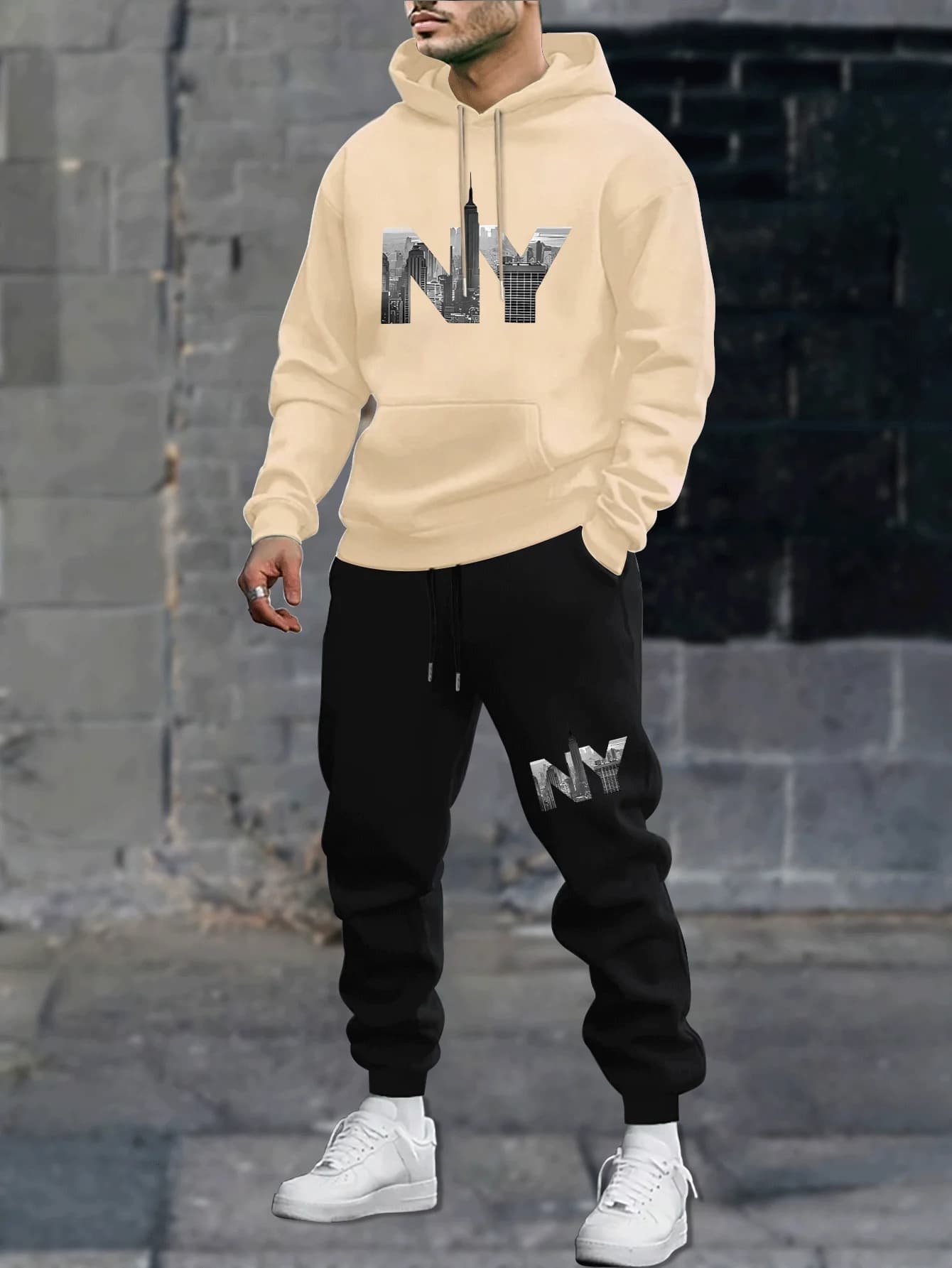 Winter Fleece Lined Couples 2‑Piece Set Men Printed Hoodie Long Sleeve Sweatshirt Drawstring Casual Pants Casual Matching