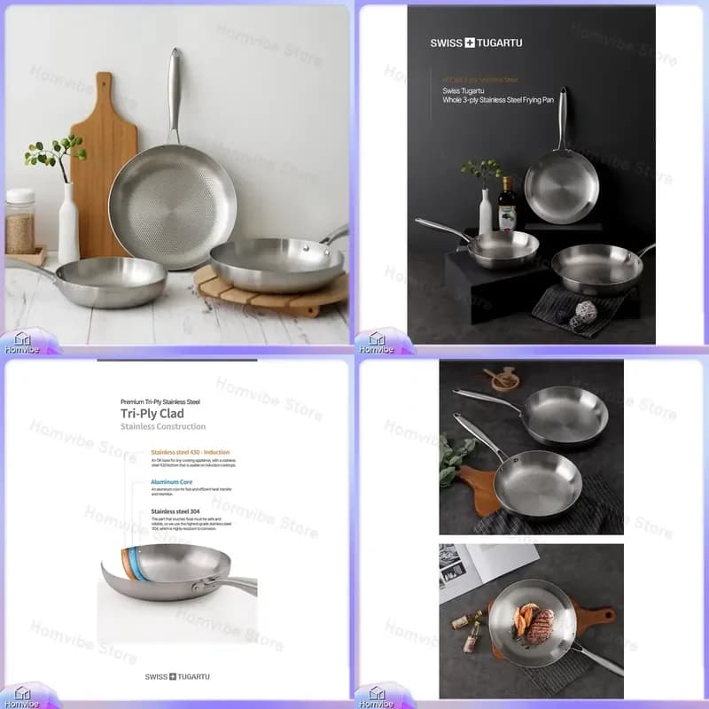 3 Layer Stainless Steel Frying Pan with Aluminum Core Nonstick Flat Bottom Cookware for Induction Gas Stove Kitchen