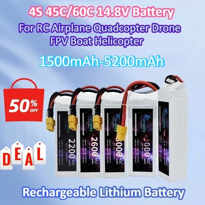 1PCS New 1500mAh-5200mAh 4S 45C/60C 14.8V for Drone RC Battery Aircrafted Cars Model Toys with XT60 DEANS T XT-90 Spin