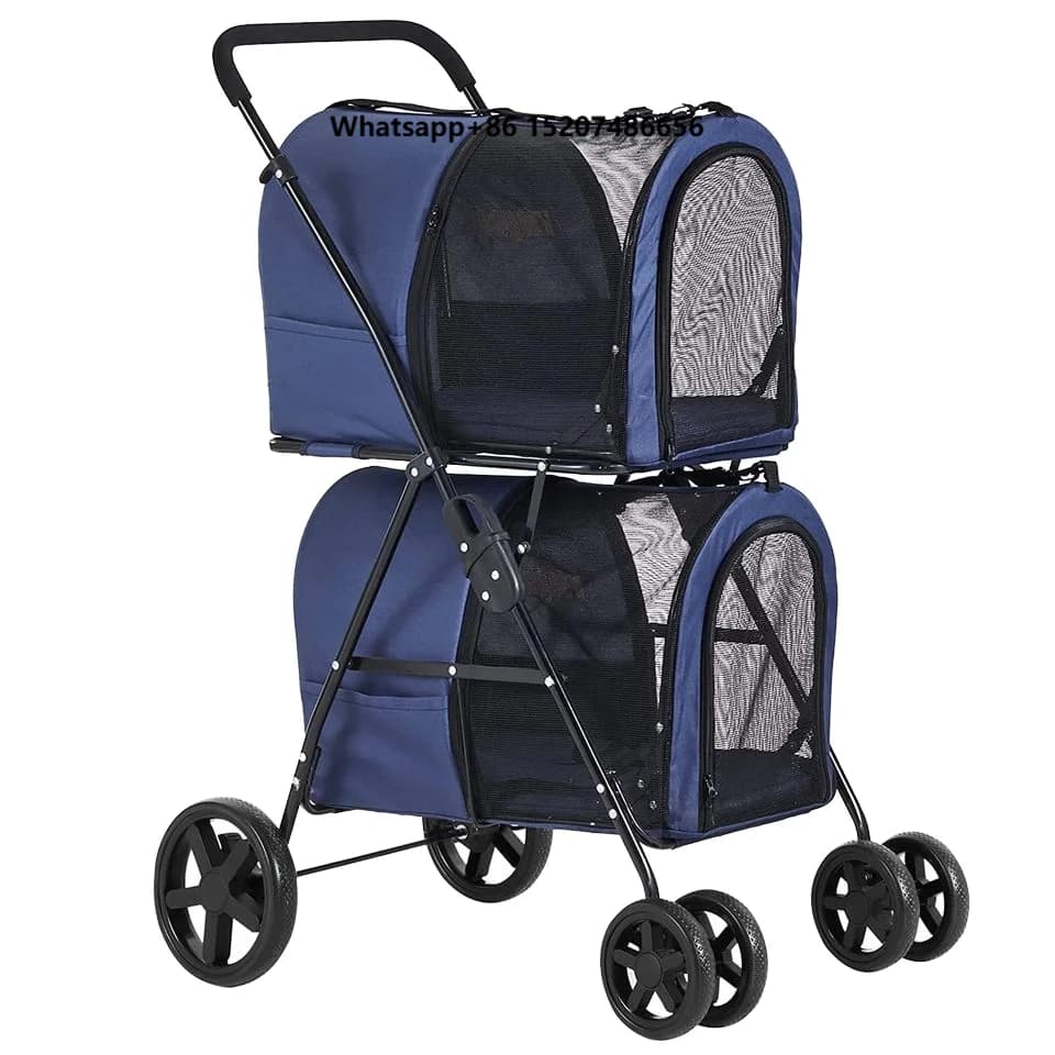 Blue Oxford Eco-friendly Foldable Pet Stroller 4-in-1 Travel Cart 2 Detachable Carriers 4 Lockable Wheels Double Dog Stroller