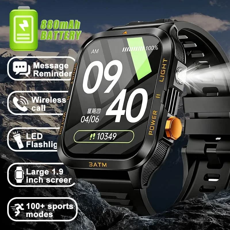 2026 Nuovi Uomini Astuto Della Vigilanza Militare All'aperto 880mAh Batteria Torcia Elettrica da 1.96 pollici Chiamata Bluetooth Monitoraggio della Salute Smartwatch