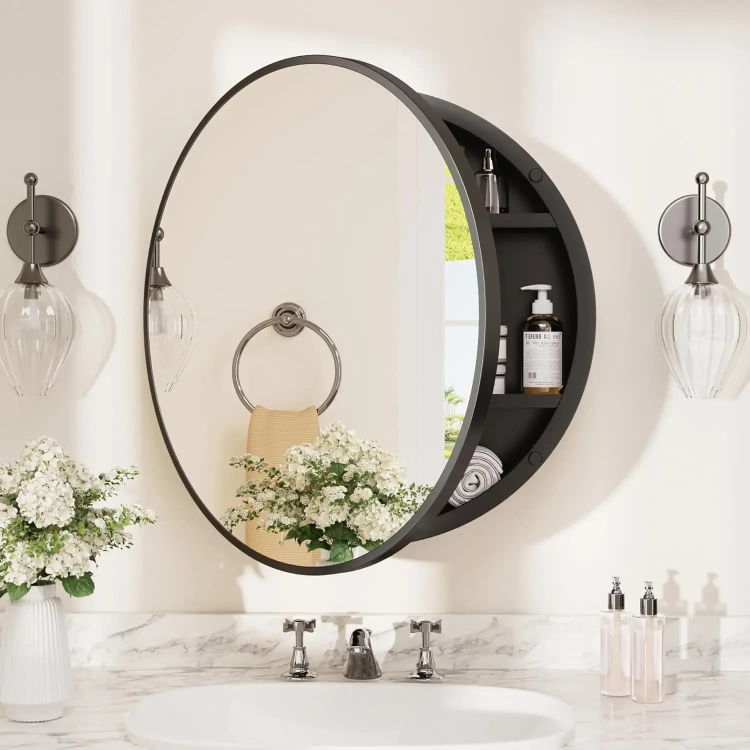 20 x 20 Inch Medicine Cabinet Mirror Black Framed Round Mirrored Medicine Cabinets for Bathroom Adjustable Shelves Modern Bathro